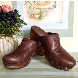 UGG Australia “Abbie” Brown Leather Stud Trim Wood Platform Heel Clogs - Size 7